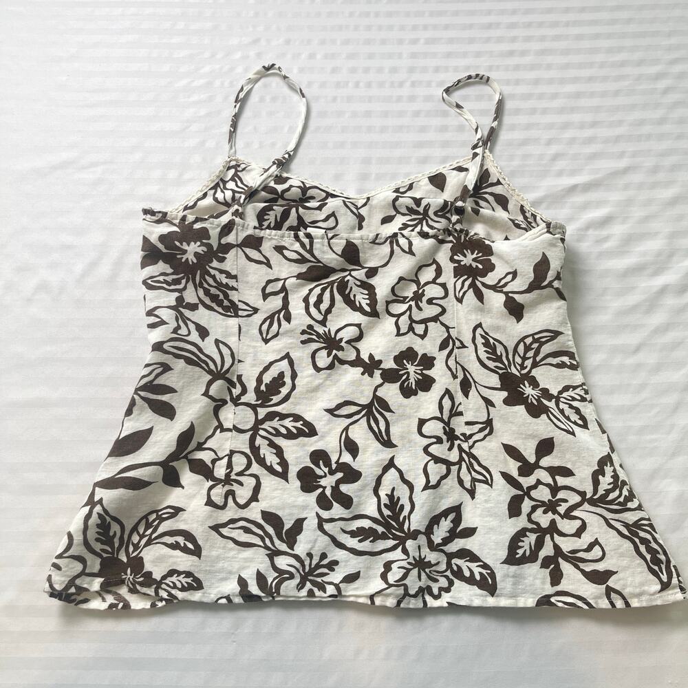 Bass Floral Linen Blend Cami Tank Top Brown Cream Boho Cottagecore Medium - Picture 8 of 10